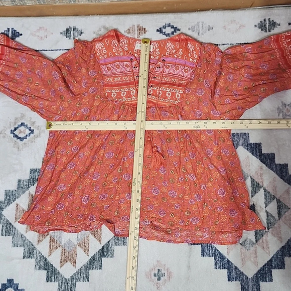 Lucky Brand Boho Peasant Top Orange Floral Embroidered Lace-Up Tassel Blouse - Picture 10 of 10